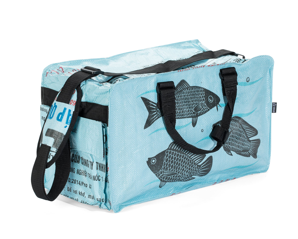 blue sustainable duffle bag with black fish