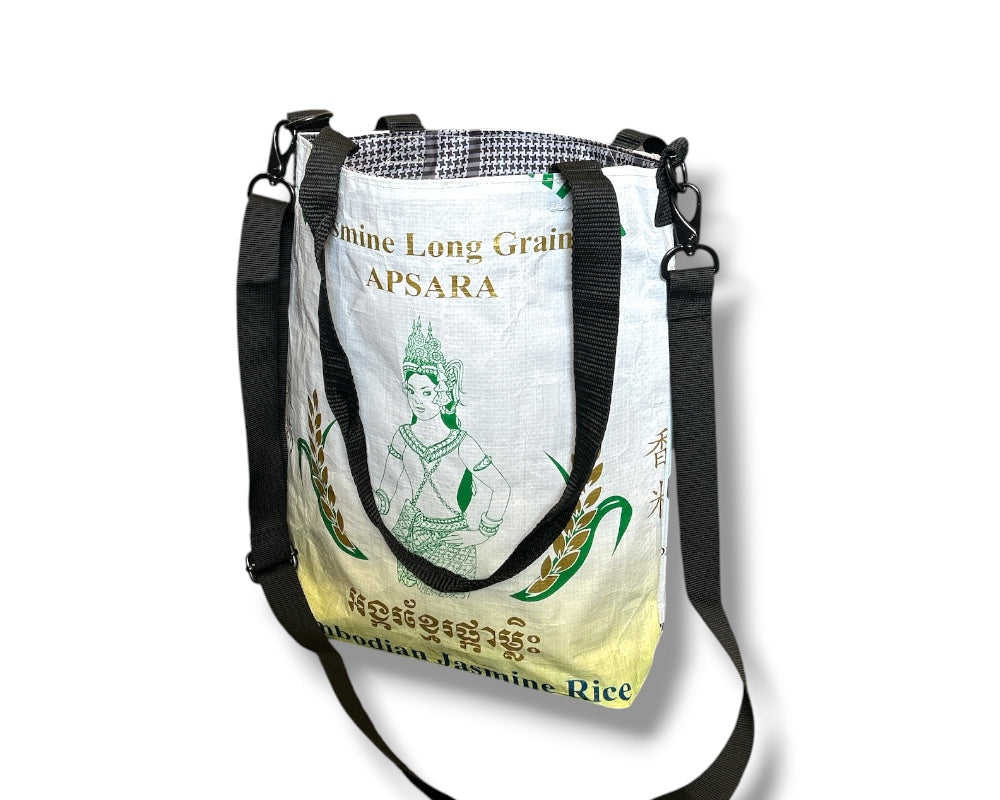 Upcycled rice bag crossbody tote