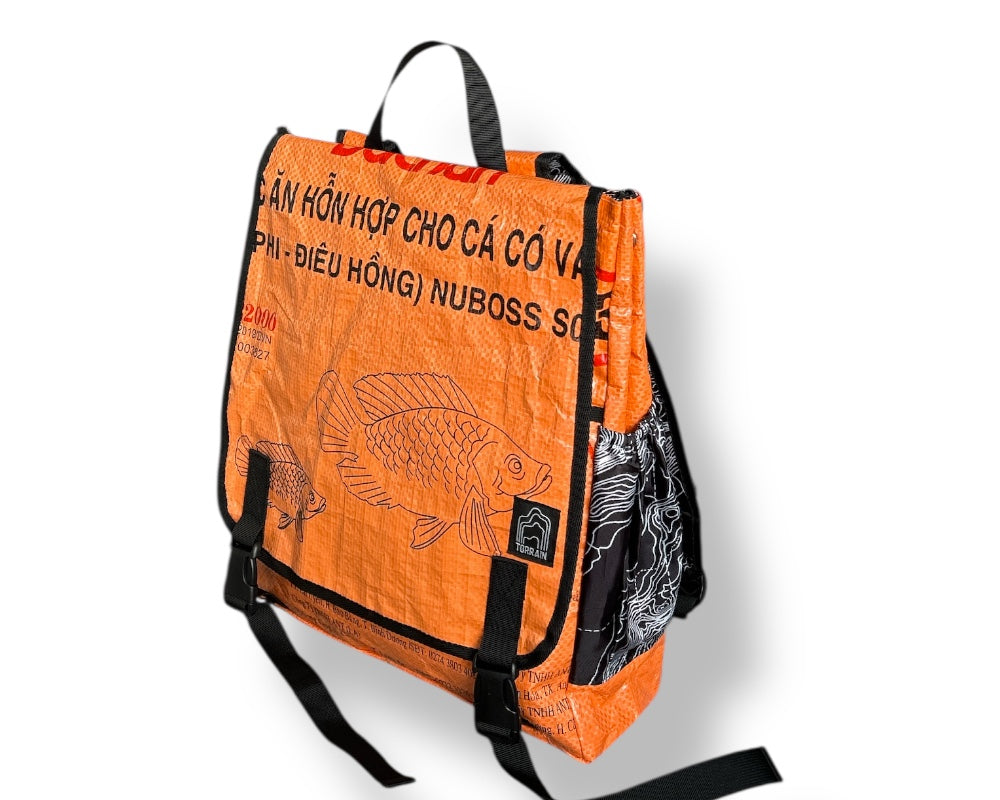Orange backpack with black text and fish design on a white background