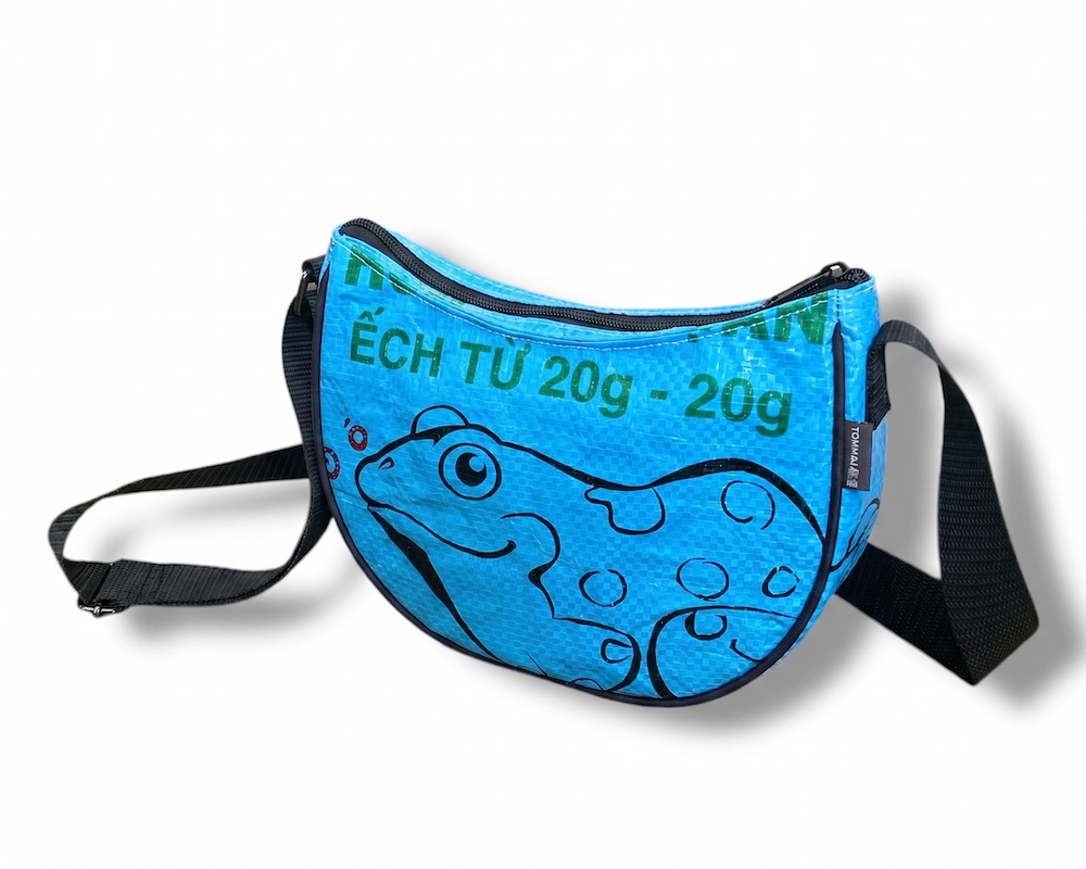 recycled sustainable blue crescent purse bag