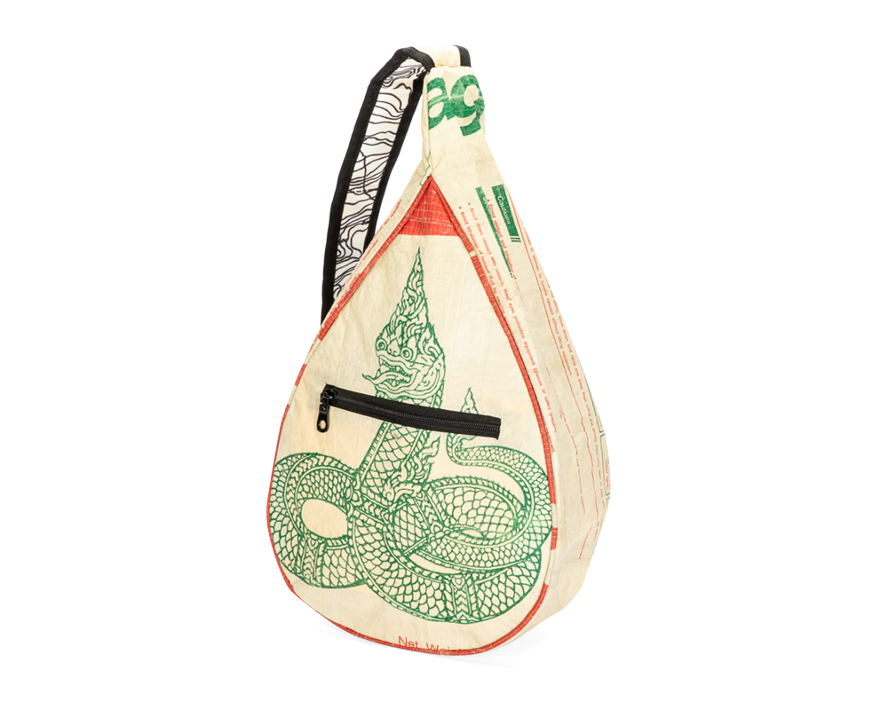 multi-compartment sustainable unique print sling backpack