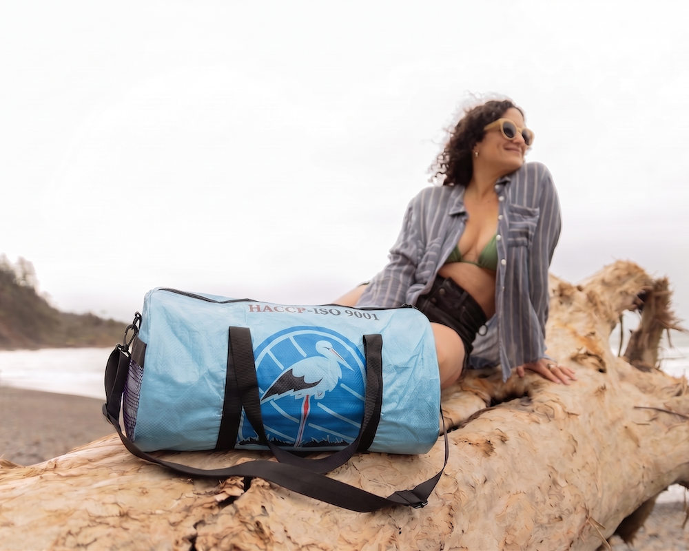 sustainable stylish blue travel duffel bag