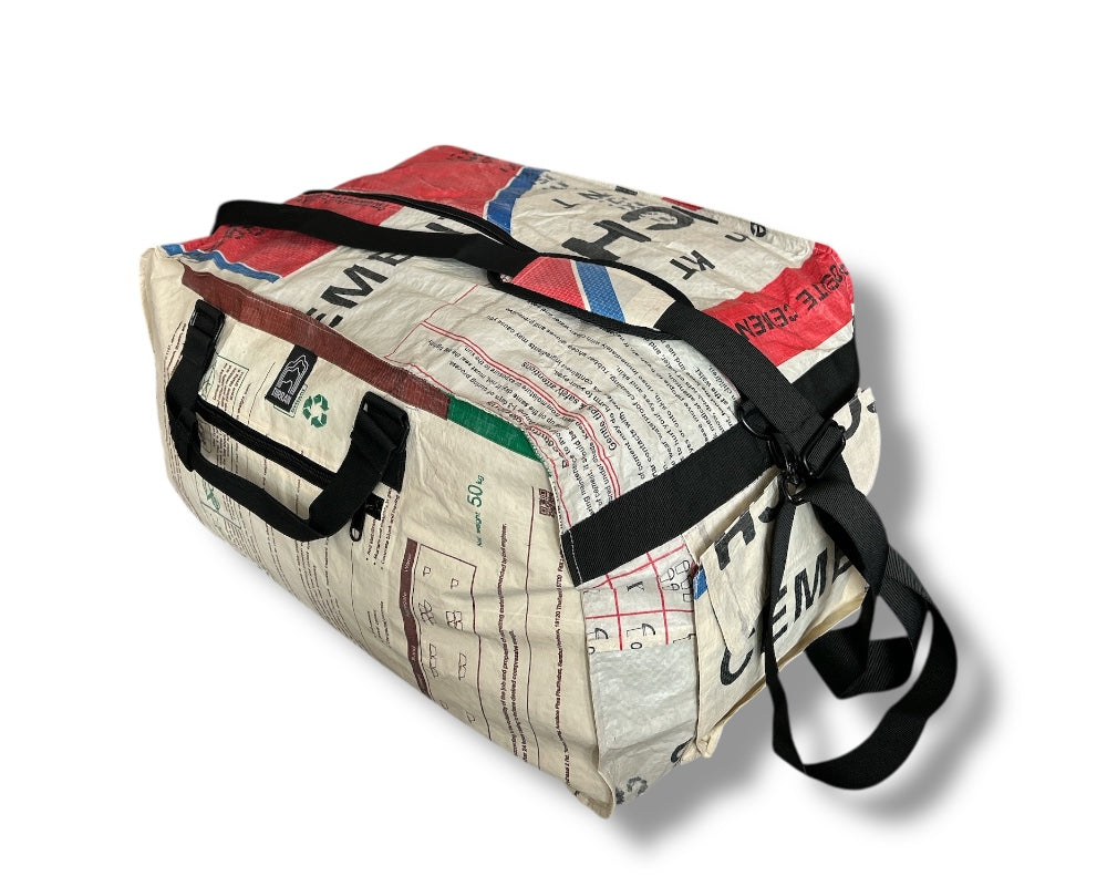 upcycled multi-compartment duffel bag for travel