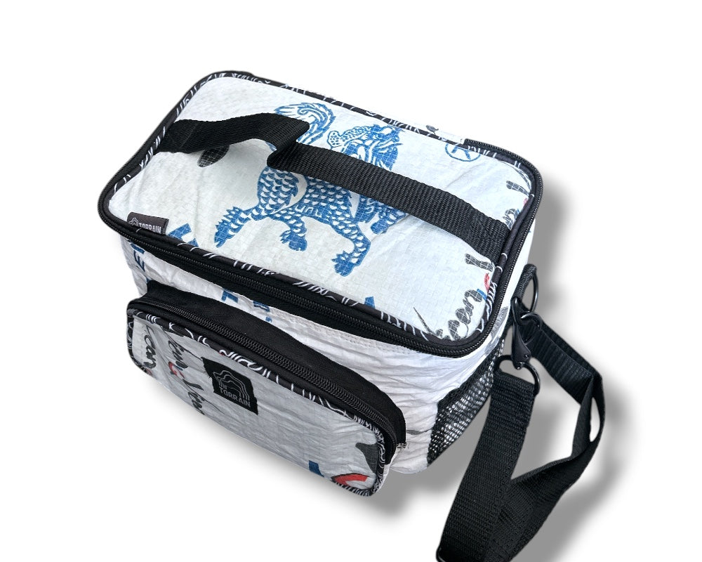 upcycled white dragon cooler bag