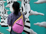 pink upcycled slip backpack