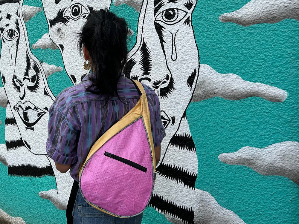 pink upcycled slip backpack