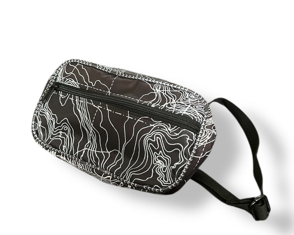 upcycled small black fanny pack with topography print