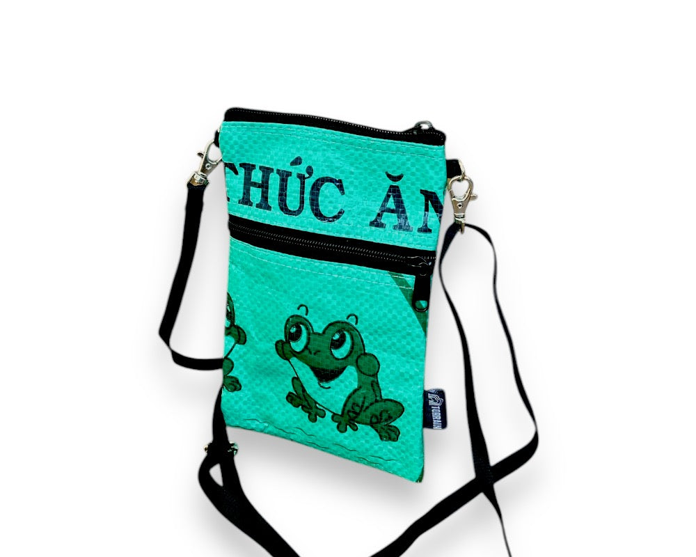 upcycled crossbody pouch green with frog print