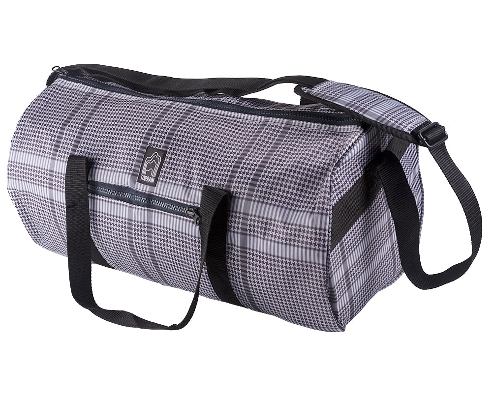 stylish sustainable black and white duffel
