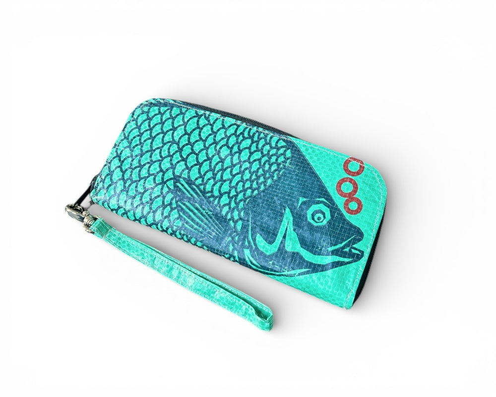 green feed bag wallet with fish