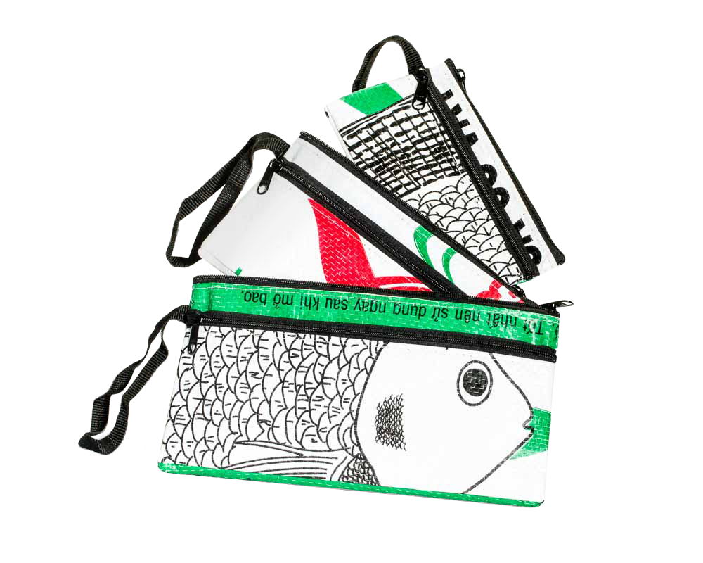 TORRAIN Recycled Bags, Designed in Portland, Oregon : Three piece zippered pouch in green and white fish colorway