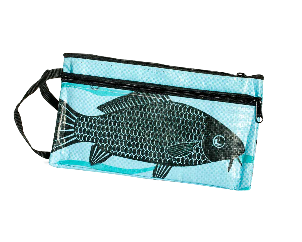 TORRAIN Recycled Bags, Designed in Portland, Oregon : Zippered pouch in light blue fish colorway